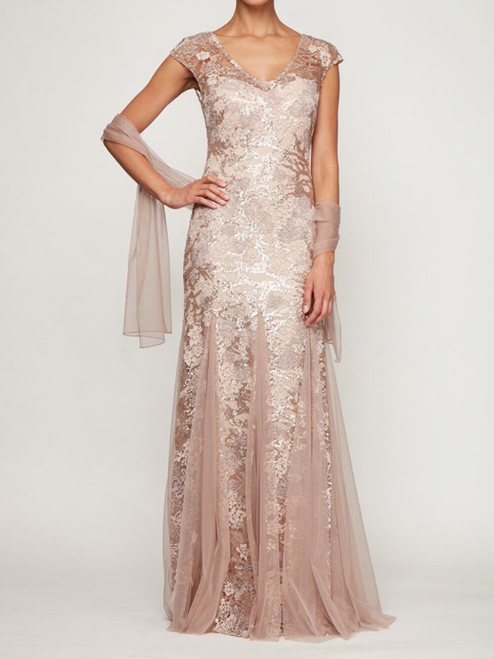 Alex Evenings Petite Dress Gown Rose Gold Sequin Lace Wedding Mother of Bride 6P